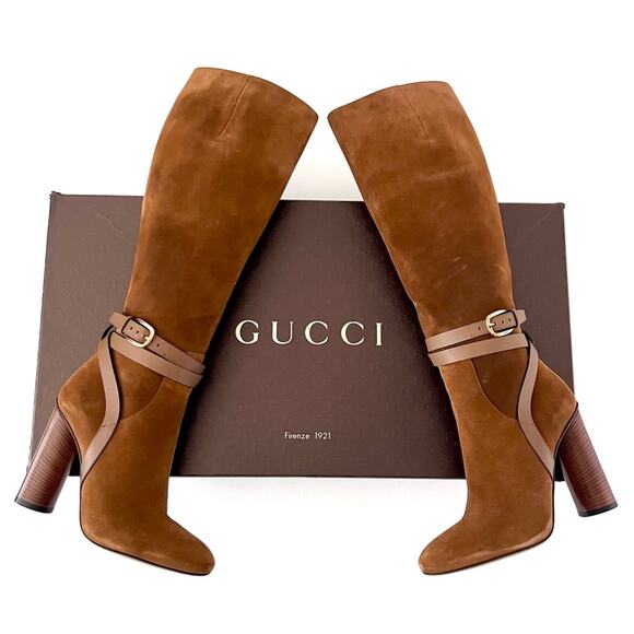 Gucci Shoes - GUCCI | Maori Abigail Knee High Brown Suede Leather Buckle Boots Stacked Heel